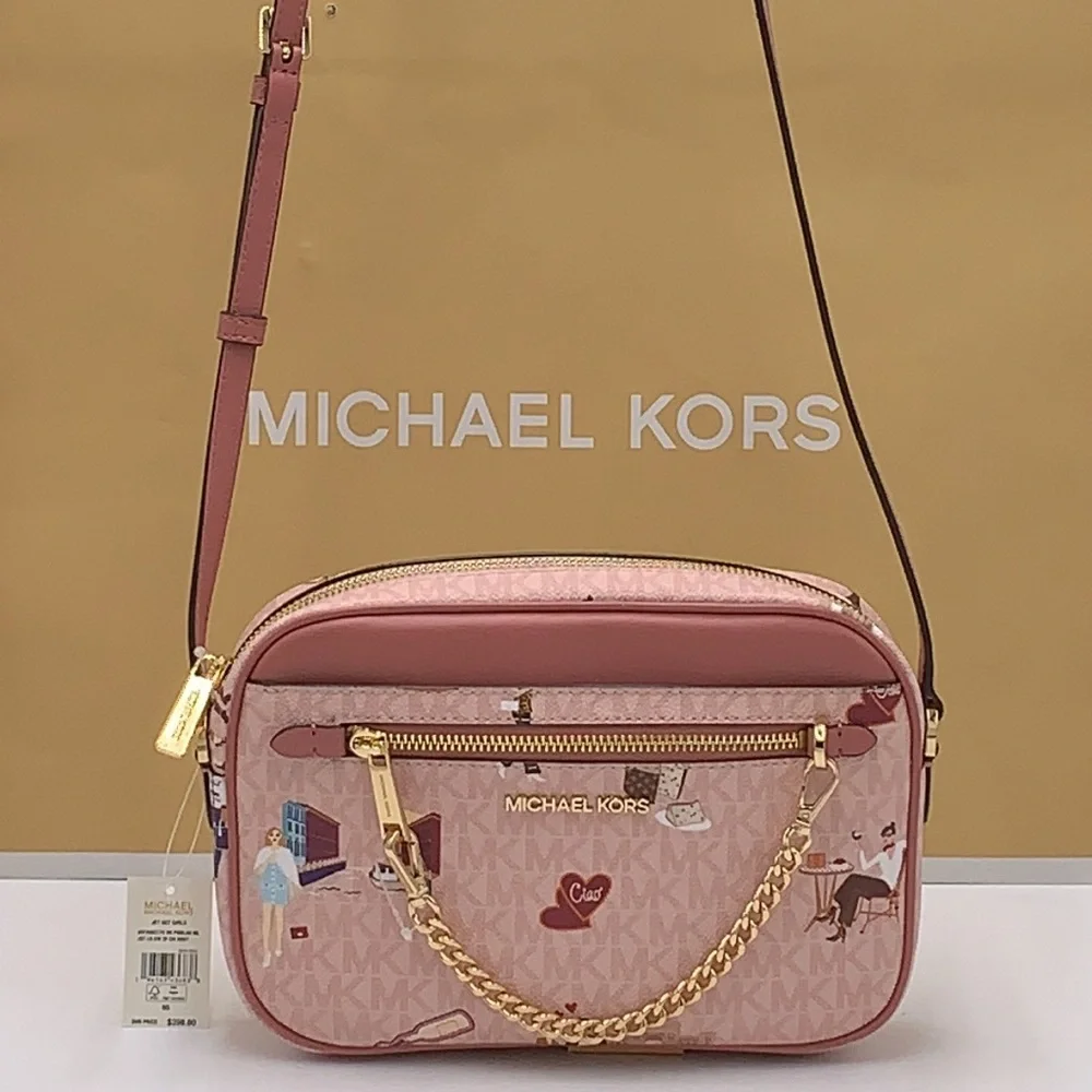 MICHAEL KORS JET SET GIRLS LARGE EAST WEST ZIP PACKED CHAIN XBODY DK POW… - Picture 16 of 16